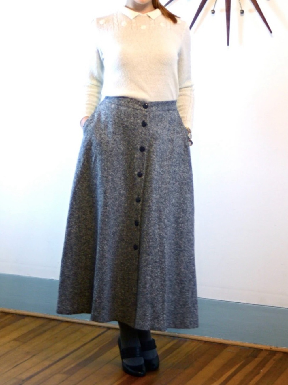 Vtg.80s Orvis High Waist Tweed Wool Button Front Skirt in Blue + Gray.Size 12